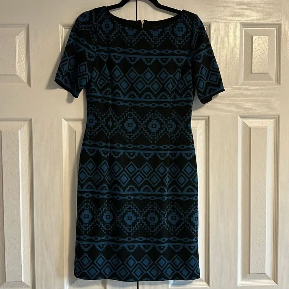 Tahari by ASL Blue & Black Shapes Short-sleeve Dress